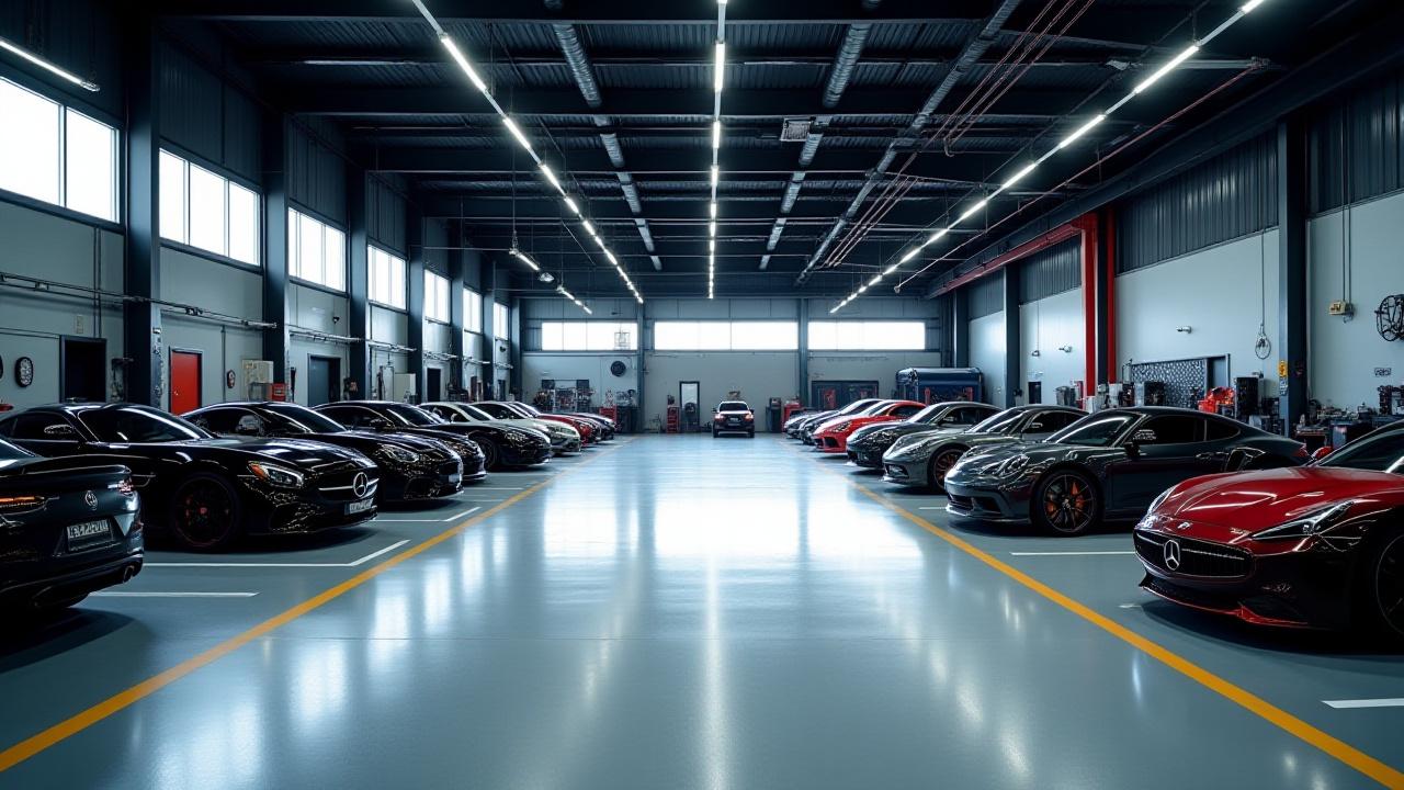 Allgemeine Ansicht der makellosen, gut organisierten Alpenglow Studio Werkstatt in Wien, mit verschiedenen professionellen Werkzeugen und einem teilweise zerlegten Luxusauto.